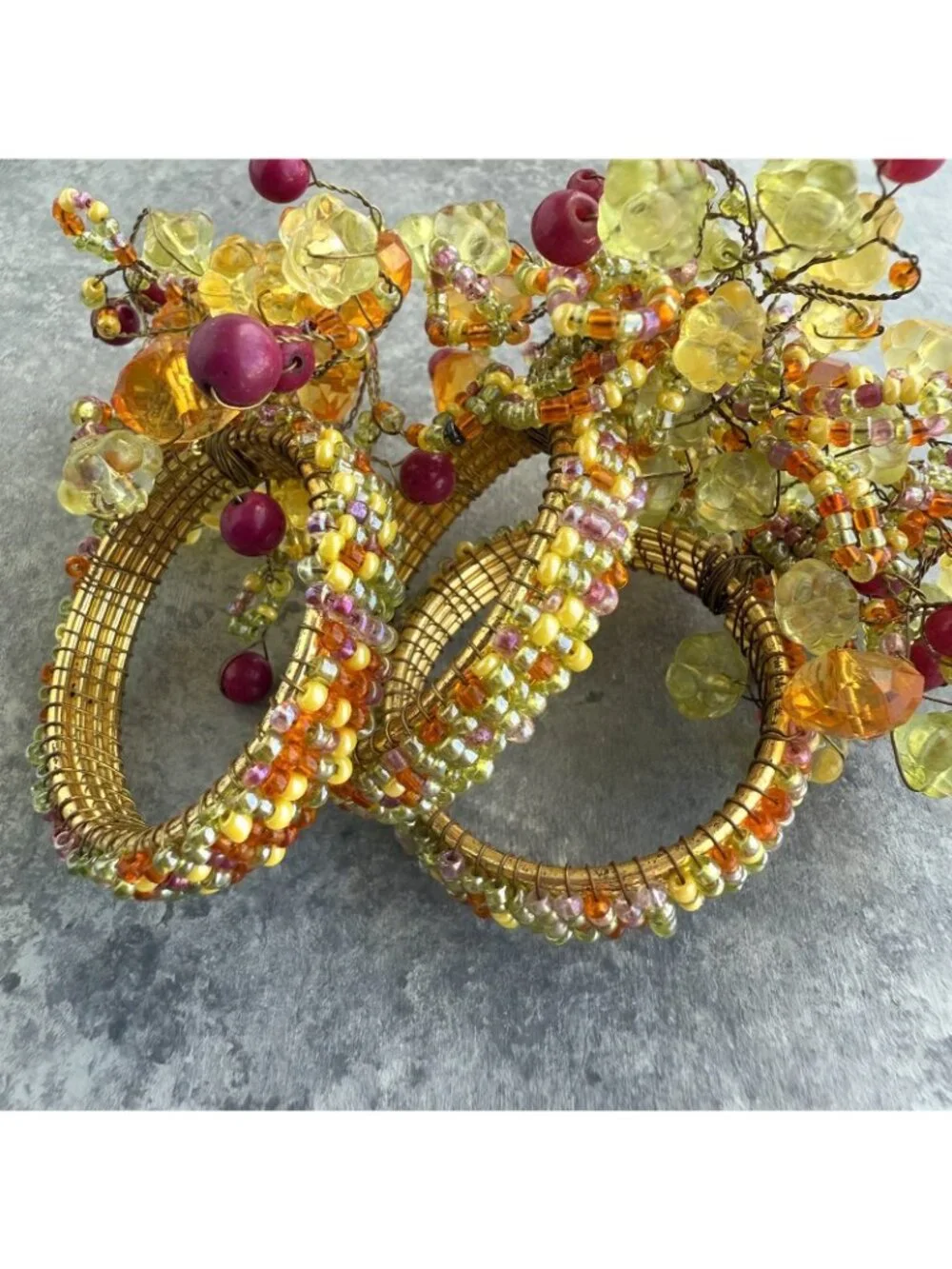 Pier 1 Napkin Rings Jeweled Beaded Cluster Set of 8 Green Pink Yellow Orange
